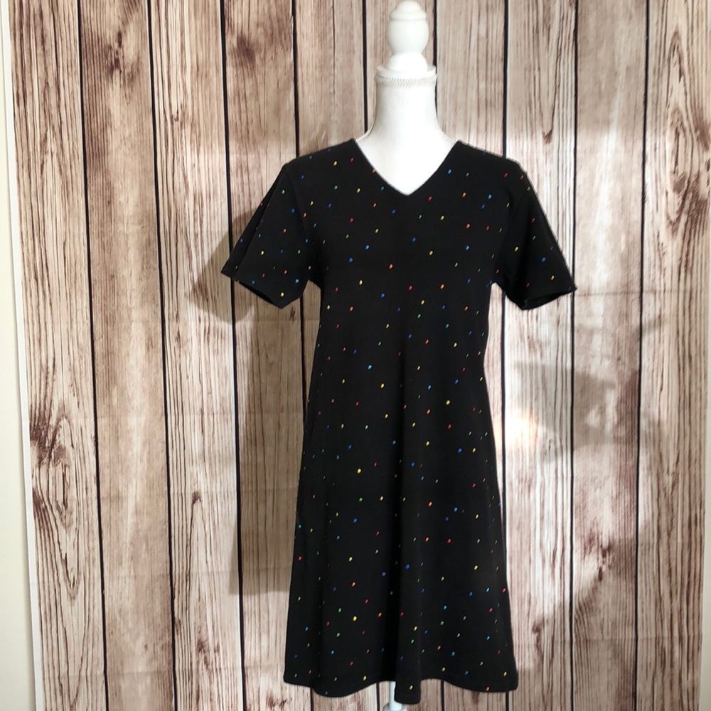 *ColdWater Creek Cotton Black Dress w/ Vibrant Multi-Color Dots SZ Small